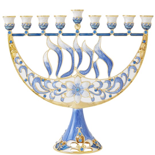 Matashi Hand Painted Enamel Menorah Candelabra W/ A Flower And Hanukkah Design W/ Gold Accents And Crystals Jewish